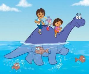 yapboz Dora, kuzeni Diego, Boots, maymun bir Dinozor, üstüne bir göl geçiş